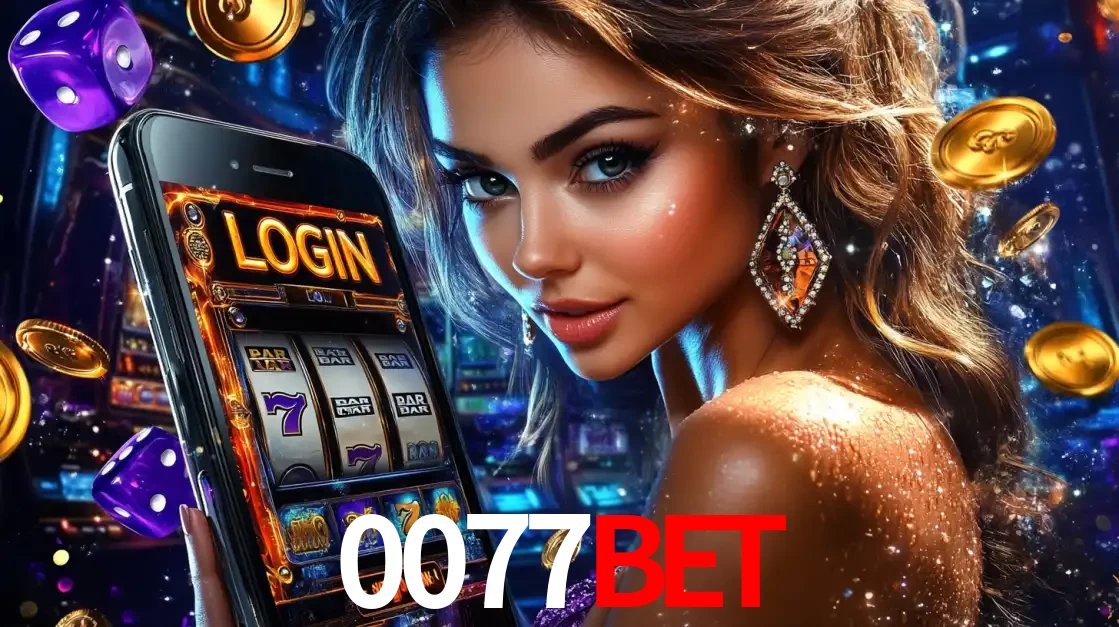 Mulher glamorosa segurando um smartphone com a tela de login para os jogos de caça-níqueis do cassino online 0077bet, com moedas de ouro e dados ao redor.