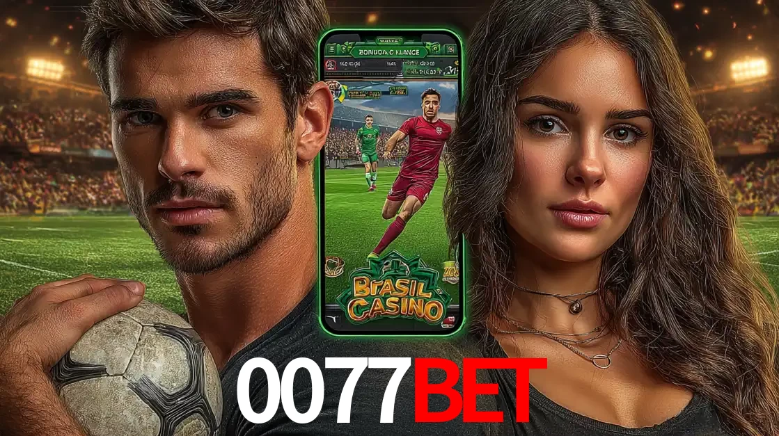 Homem segurando uma bola de futebol e uma mulher ao lado de um smartphone exibindo o jogo de apostas esportivas da 0077bet. Faça seu palpite no cassino online.